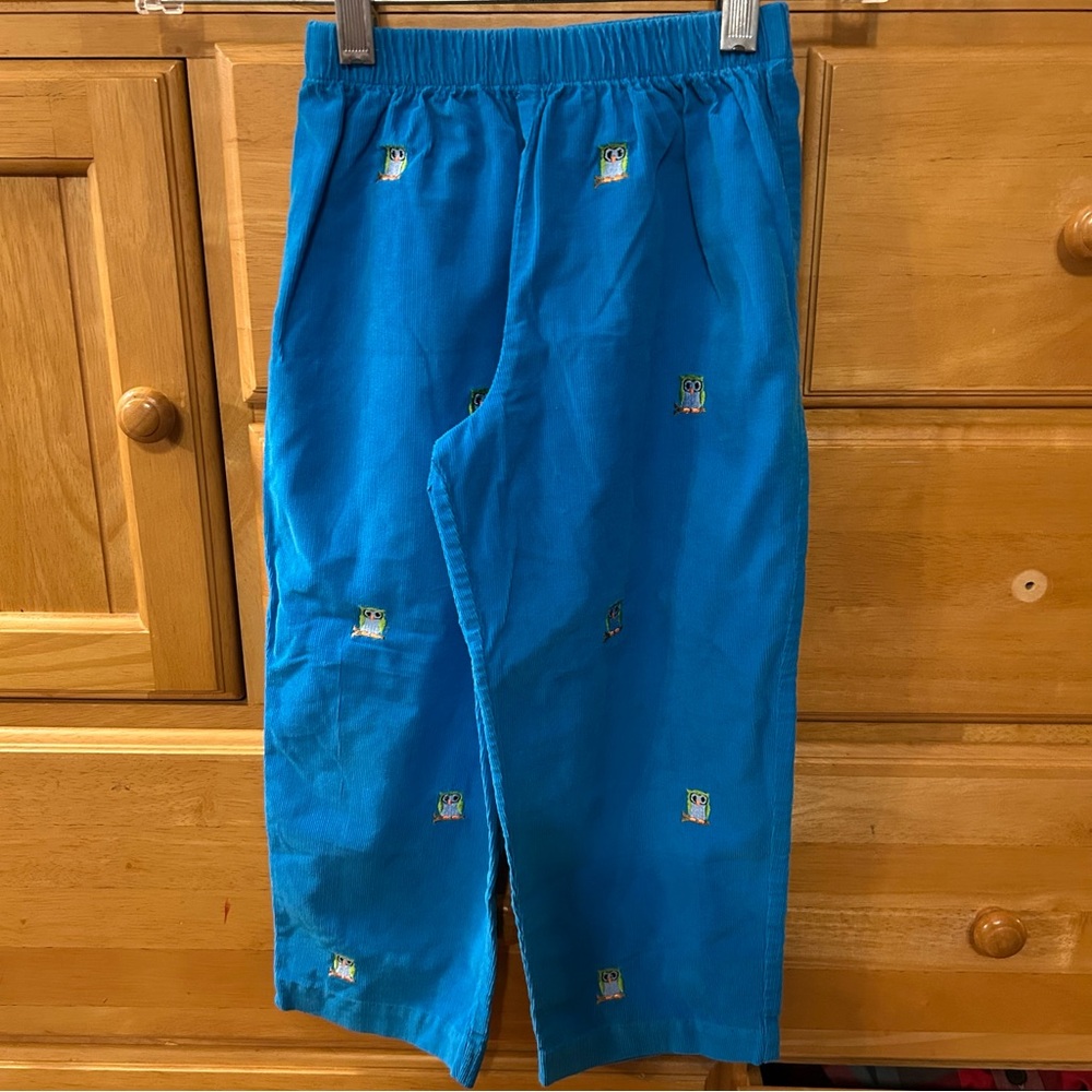 K & L Bright Blue Boys Elastic Waist/Pull-On Cord Pants w/Owl Embroidery Size 4